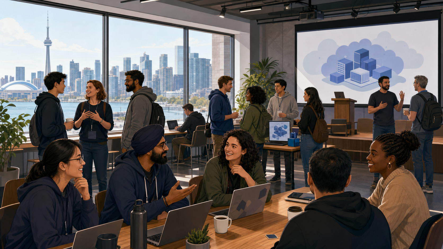 Illustration of a Toronto cloud native meetup with the city skyline in the background