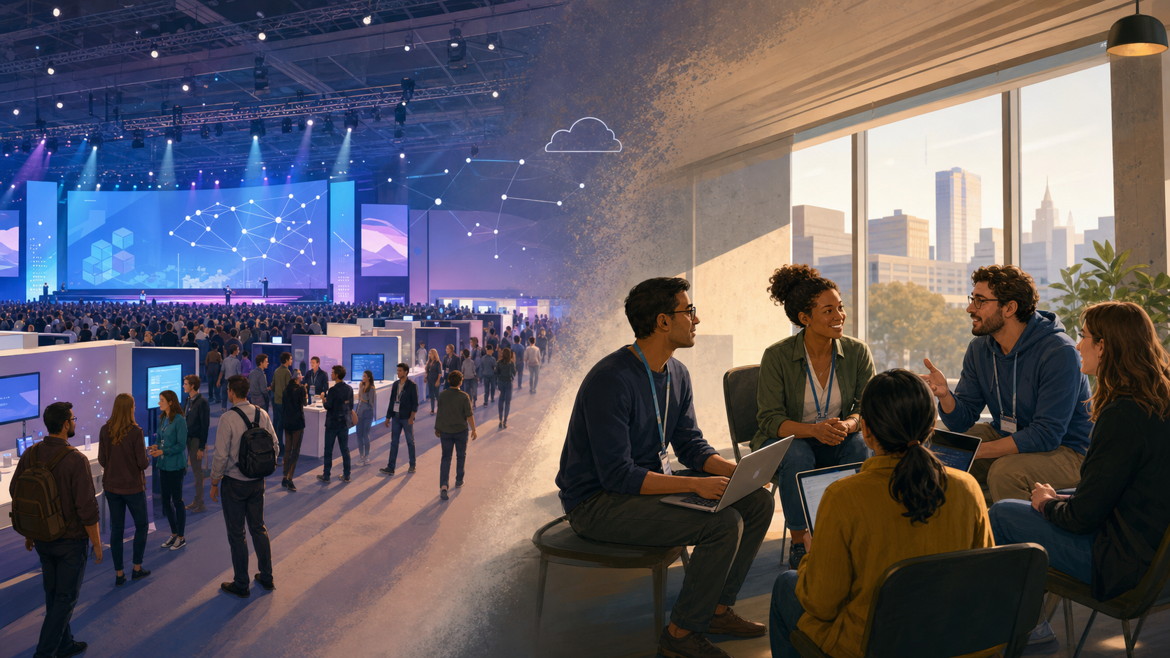 Illustration comparing a large cloud native conference with a smaller local community conversation